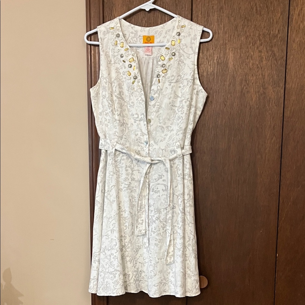 Ruby Rd. White and Grey Paisley design Gem Embellished Mini Dress 12P